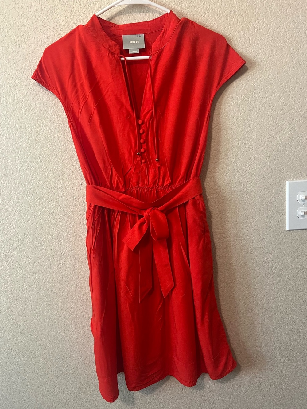 Maeve Red Button-Front Tie-Waist Mini Dress